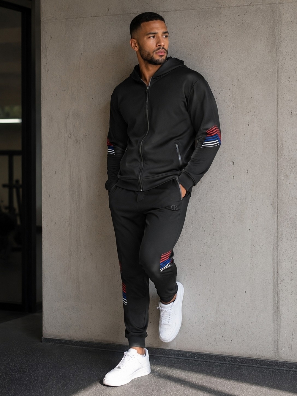 Men's L Large Black Zip Hoodie & Medium M Jogger Set & Red-Blue Stripe Accents